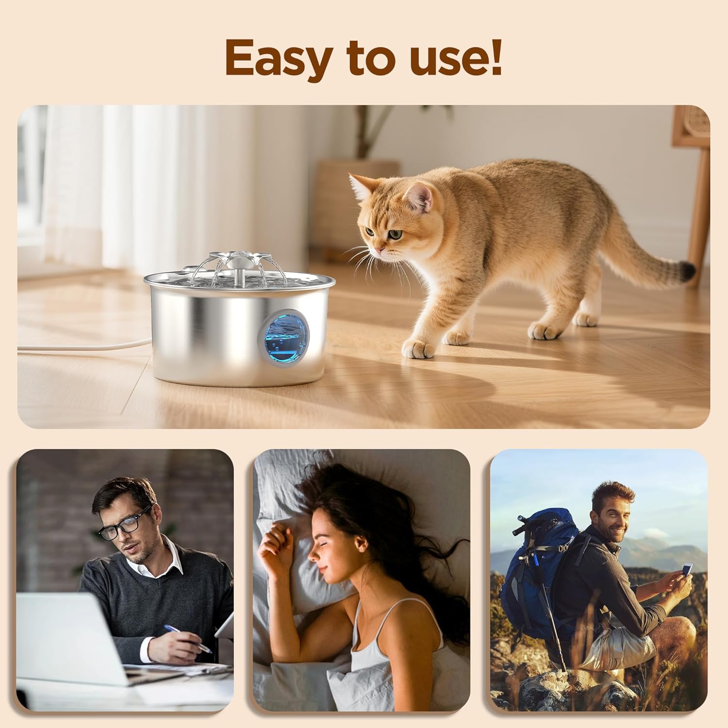 Cat Water Fountain Stainless Steel: Pet Drinking Fountains with 6 Filters & 3 Sponges - 88oz/2.6L Water Fountain for Cats Inside with Flower -  Kitty Spout Dog Dispenser Animal Supplies