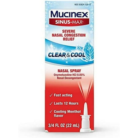 Mucinex Sinus-Max Severe Nasal Congestion Relief Clear & Cool Nasal Spray, 0.75 fl. oz., Lasts 12 Hours, Fast Acting, Cooling Menthol Flavor