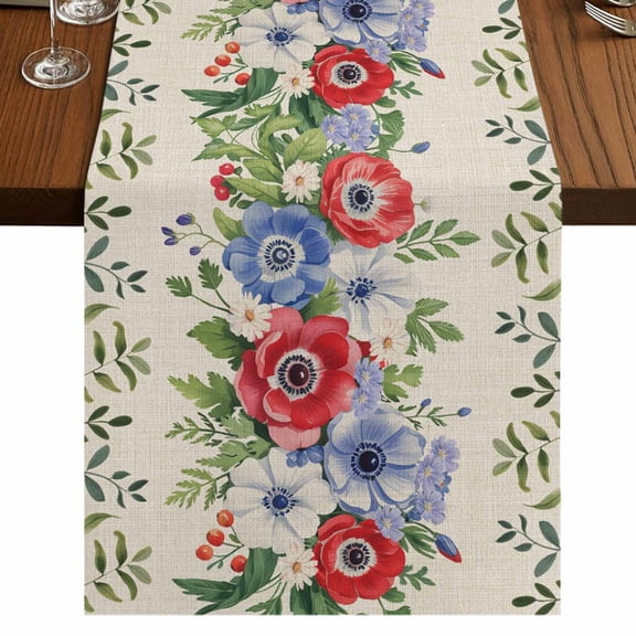 Table Runners 108 Inches Long Dress Scarves, Independence Day Farmhouse Coffee/Dining/Kitchen Table Runner for Living Room, Retro Red Blue Flowers Leaves Plants 13x108 Inch