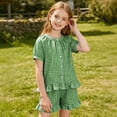 thumbnail image 6 of Girls 2 Piece Plaid Suit Puff Short Sleeve Crew Neck Tops Elastic Waist Short Ruffled Hem Cute Casual Outfits (7-8 Years, Green), 6 of 8