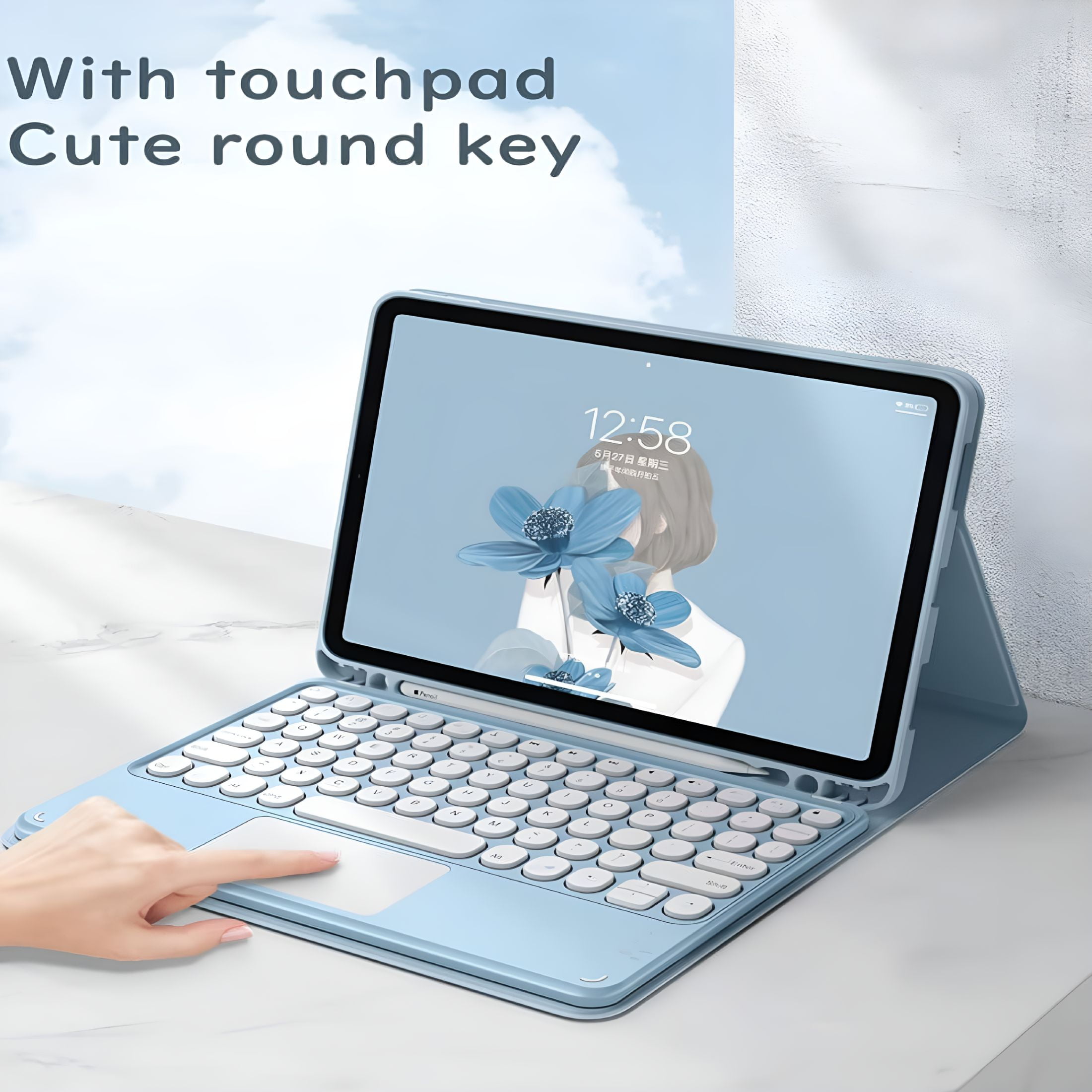 GJX Pro 12.9 Touch Keyboard Case with Bluetooth Mouse, Round Key Color Keyboard, Detachable Trackpad Keyboard Cover