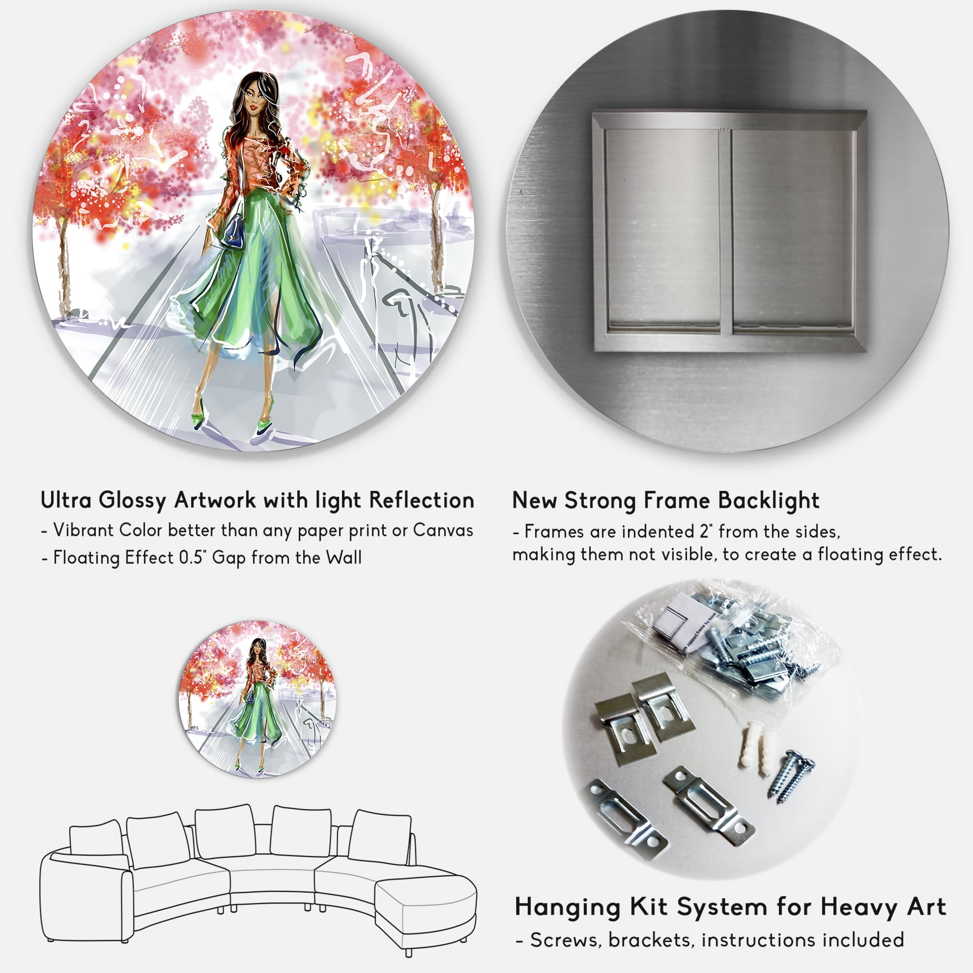 Designart 'Beautiful Woman Wearing Fashionable Clothes In Park' Traditional Circle Metal Wall Art 29x29 - Disc of 29