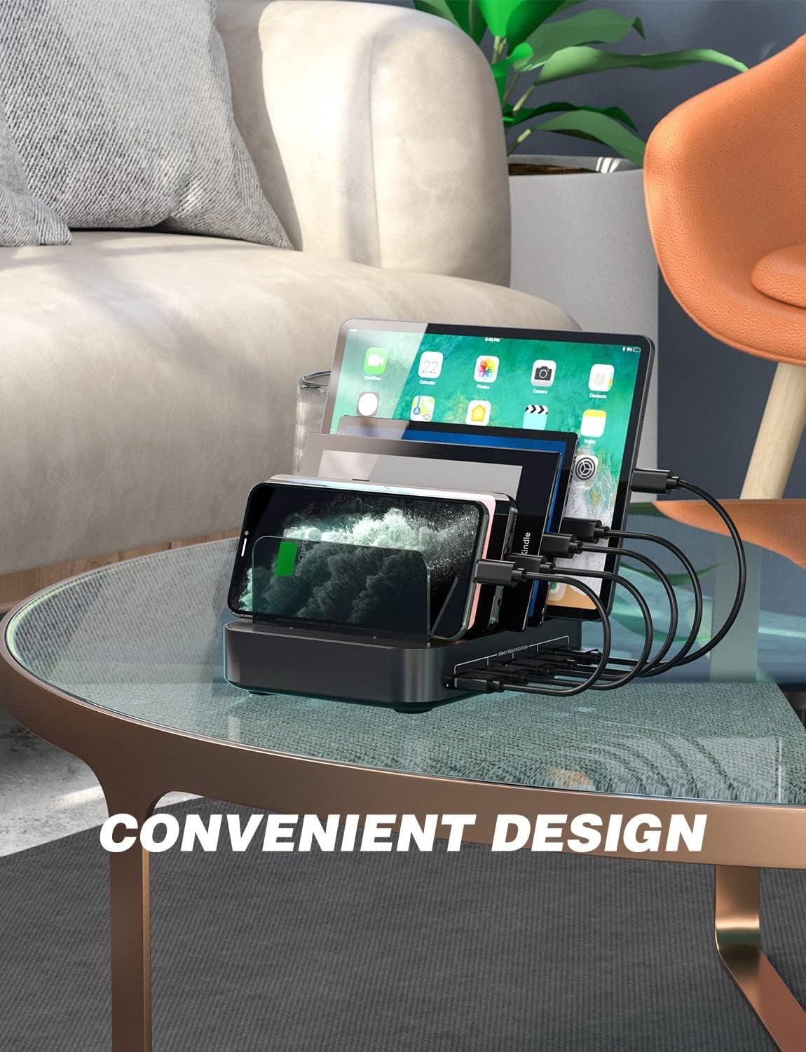 Charging Station for Multiple Devices, 5 in 1 Multi USB Charger Station with iWatch & Airpod Stand and 8 Mixed Short Cables, 50W Charging Dock Compatible with iPhone, iPad, Cell Phone, Tablets