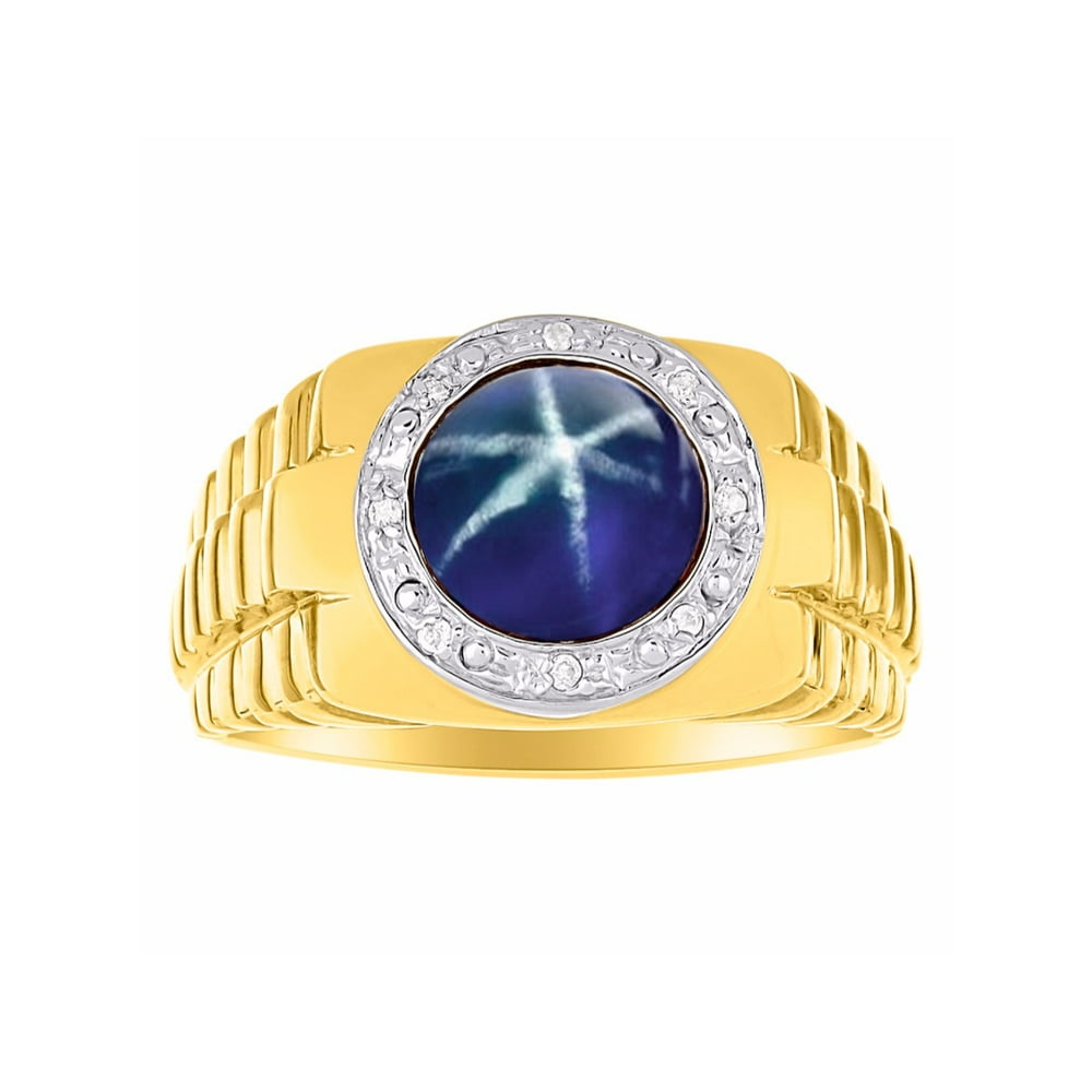 Rylos Mens Blue Star Sapphire & Diamond Ring Set in 14K