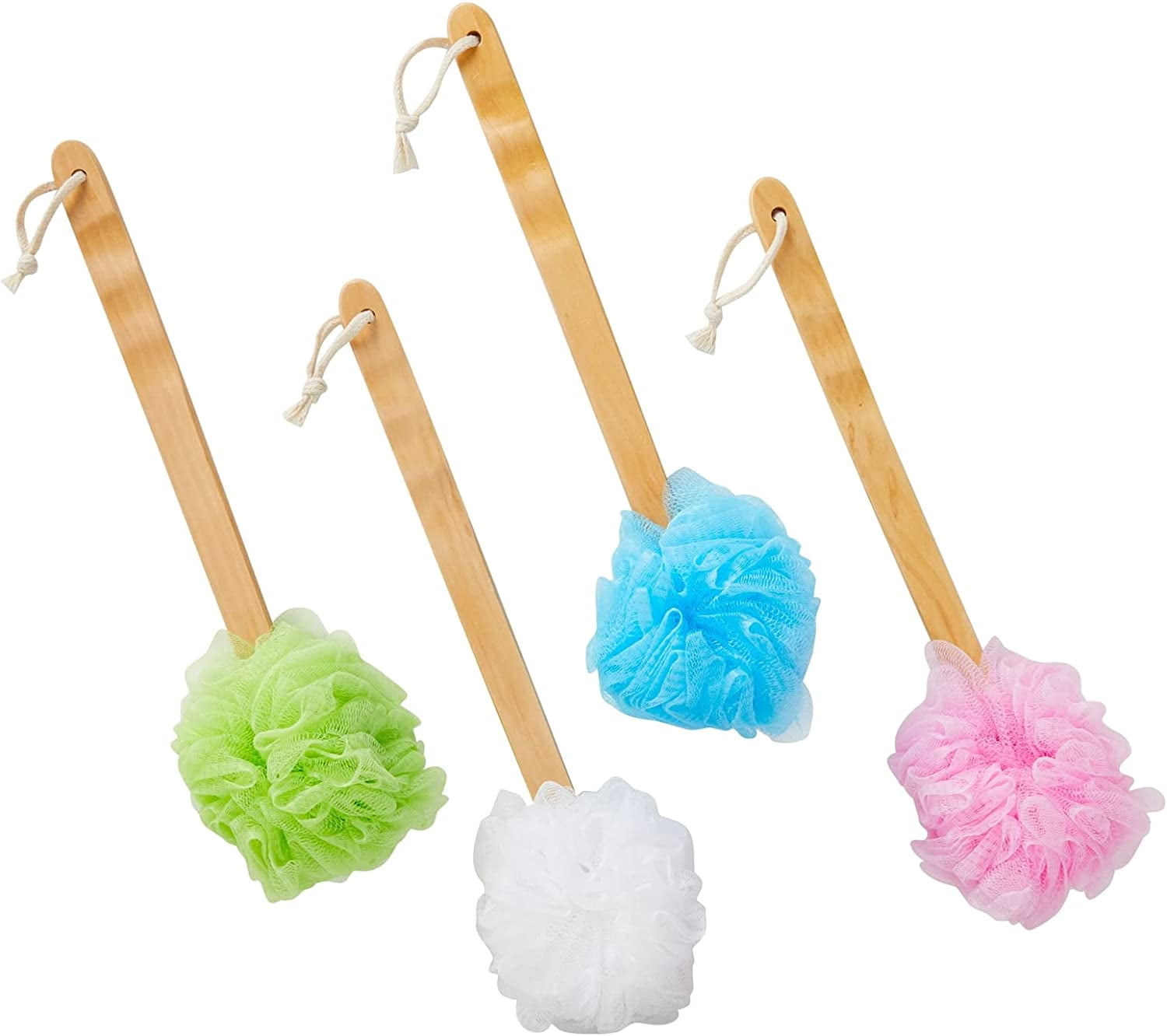 4Pack Shower Loofah with Handle, Back Loofah for Exfoliating, Bath