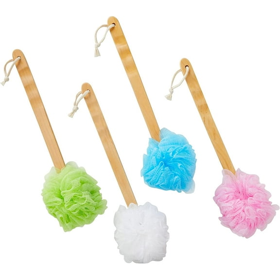 4-Pack Shower Loofah with Handle, Back Loofah for Exfoliating, Bath Sponge, Loofah on a Stick with Long Handle for Showering, Back Scrubber, Body Brush for Women&Men, in 4 Assorted Colors