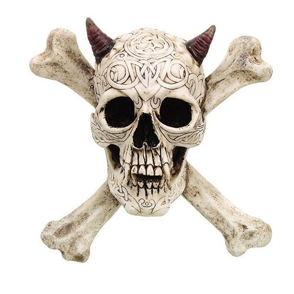 PTC Devil Horned Skull Cross and Bones Resin Statue Figurine, 10" H