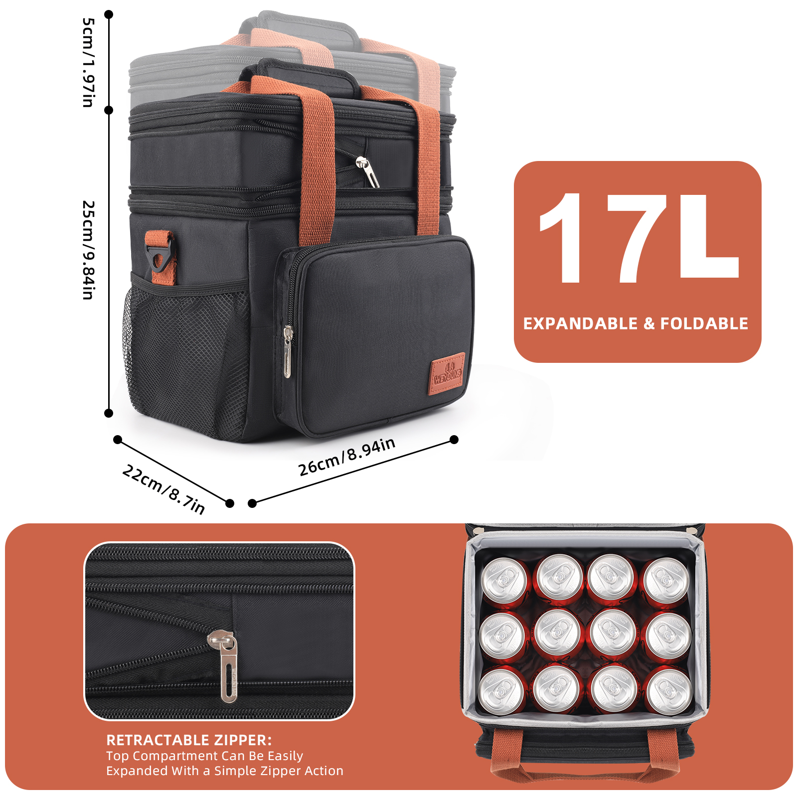 Cshidworld 17L Expandable Insulated Lunch Box Bag, Black photo 6