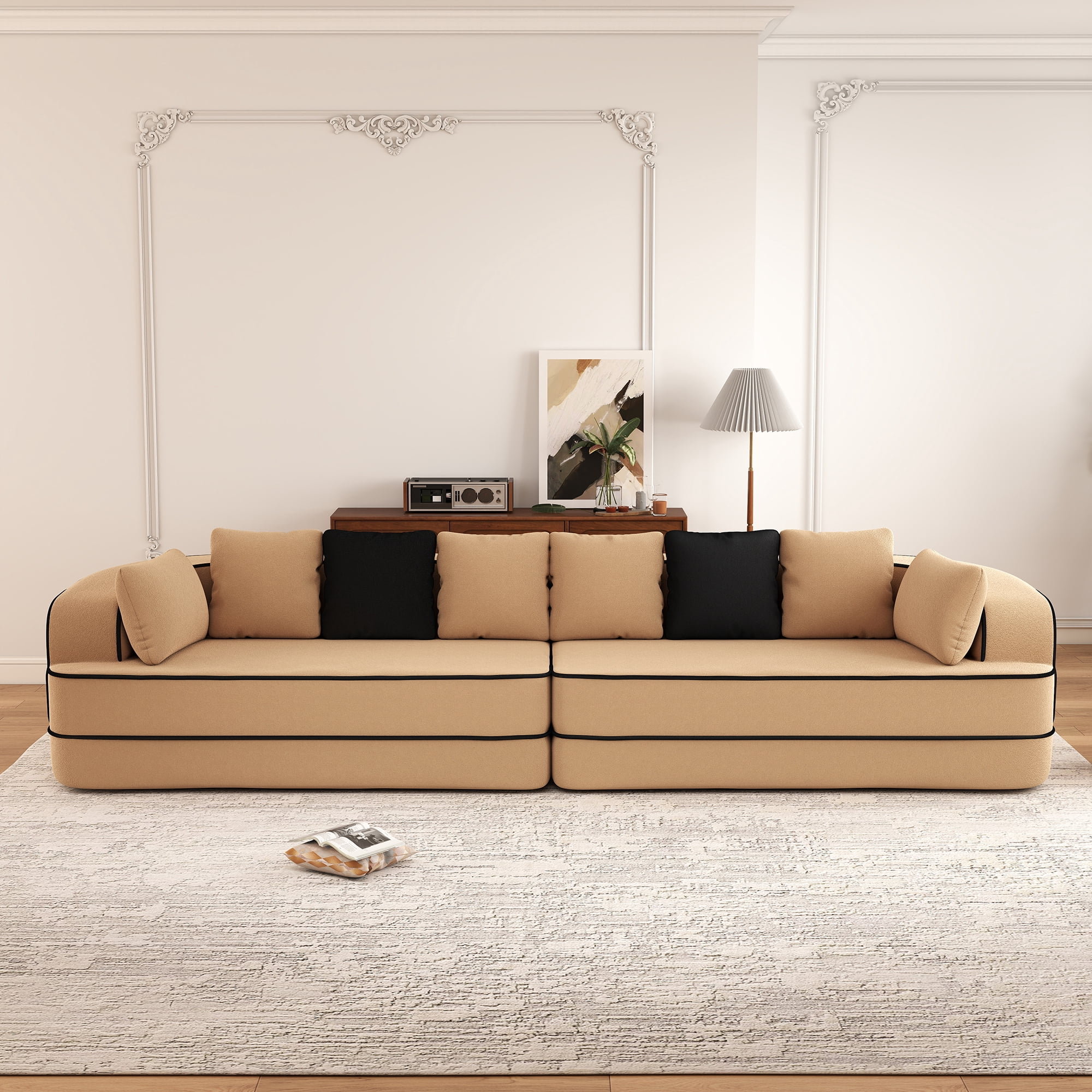 Aukfa 135" 4-Seater Modular Sofa for Living Room, 29" Deep Seat, Plush Teddy Velvet, Camel
