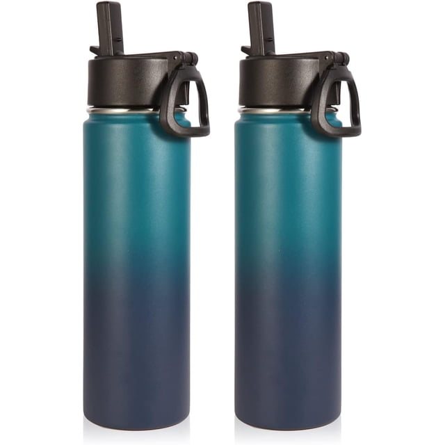 Botellas de agua aisladas con pajita a granel, paquete de 2 unidades, botella deportiva de acero inoxidable de 22 onzas, tazas de agua de viaje de metal al vacío de doble pared, frasco de