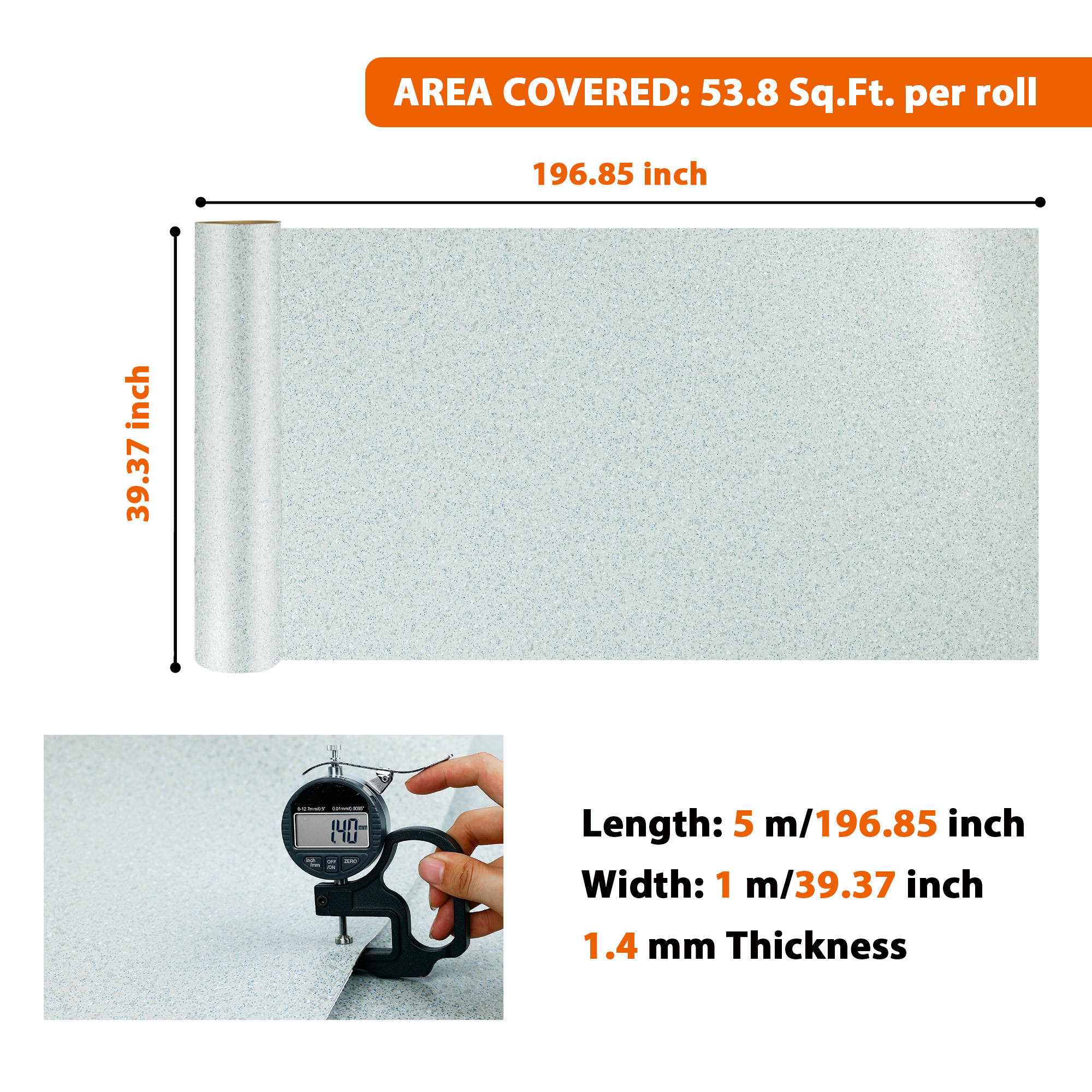 Vinyl Flooring Roll PVC Gray Flooring Mat Tiles 39"x 197" Waterproof Thicken Carpet for Bathroom Living Room Kitchen 1.4mm thickness