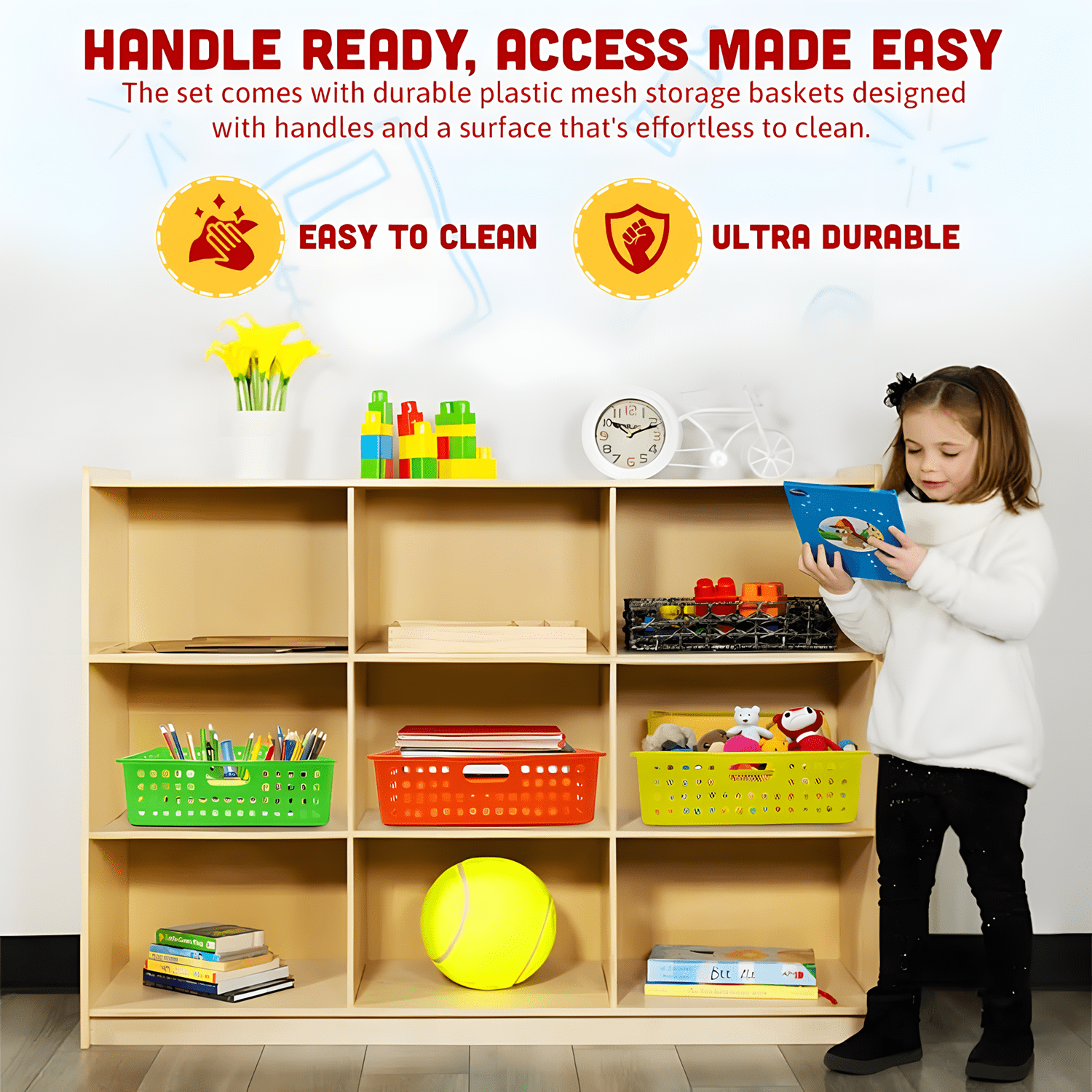 4E's Novelty 6 Pack Colorful Plastic Classroom and Office Storage Bins, A4 Paper Trays with Handles, Stackable