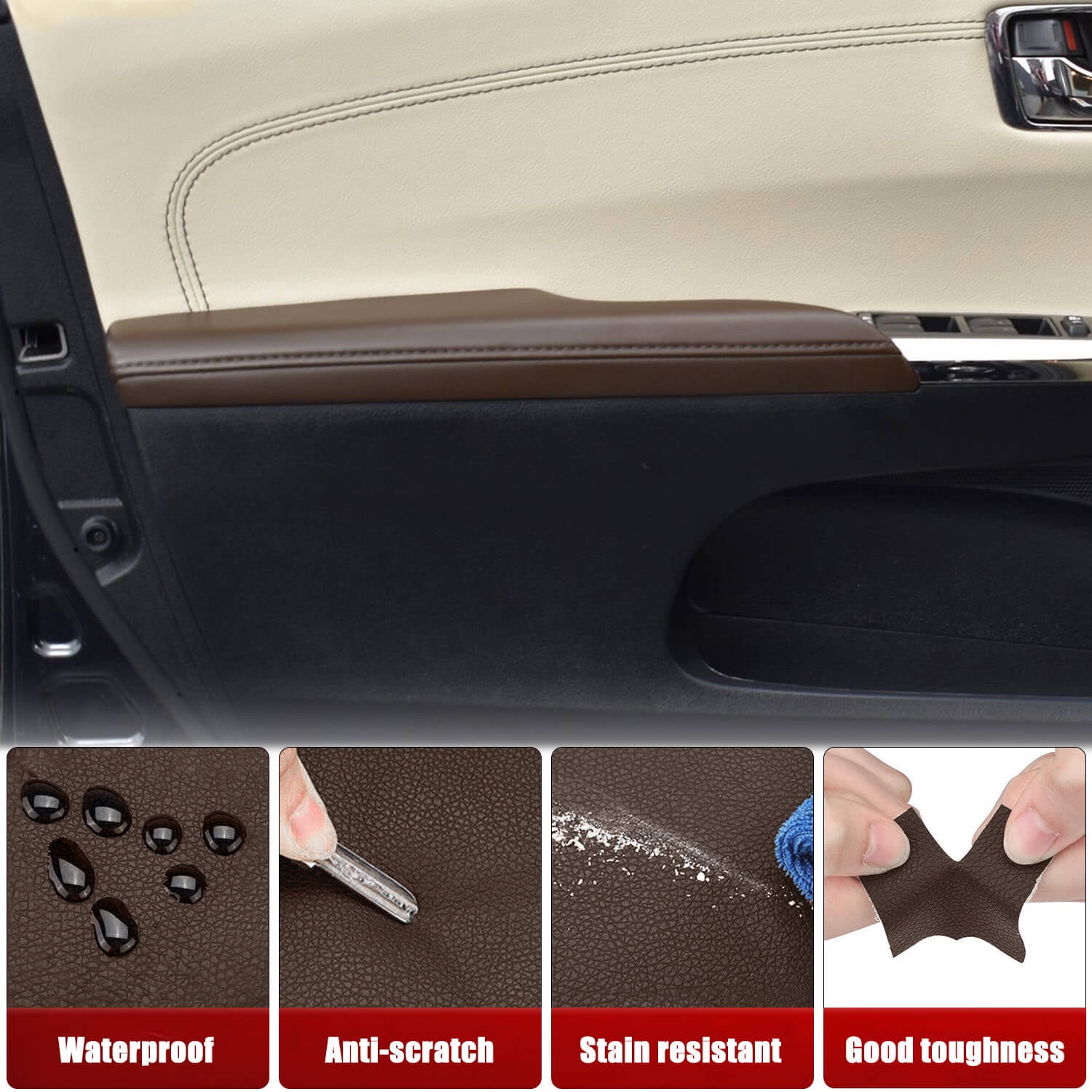 KBH Front Door Panel Armrest Cover Replacement for Toyota Avalon 2013-2018, Anti-Scratch Leather Arm Rest Skin Upholstery, 1 Pair, Brown (Leather Part Only)