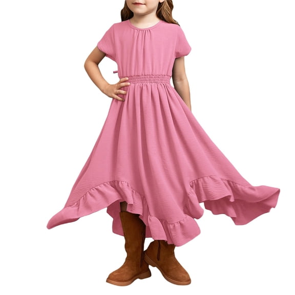 PRfgtbd Girls Dresses Easter Summer Tie Backless Dress Short Sleeve Cowgirl Dress For Kids Girl Casual Sundress Solid Color Party Wear Cute Party Dress