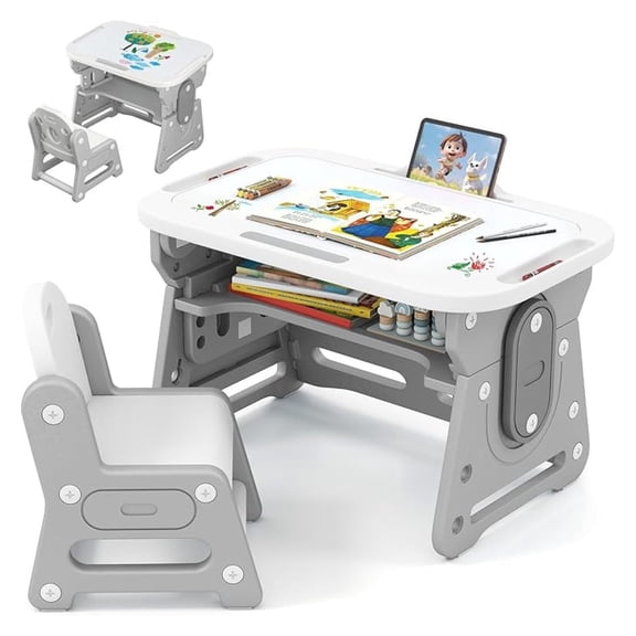 Kids Table and Chair Set, Height Adjustable Children Activity Set w/Tiltable Graffiti Whiteboard, Storage, Markers & Eraser, Toddler Table and Chair Set for Daycare Playroom Classroom (Grey)