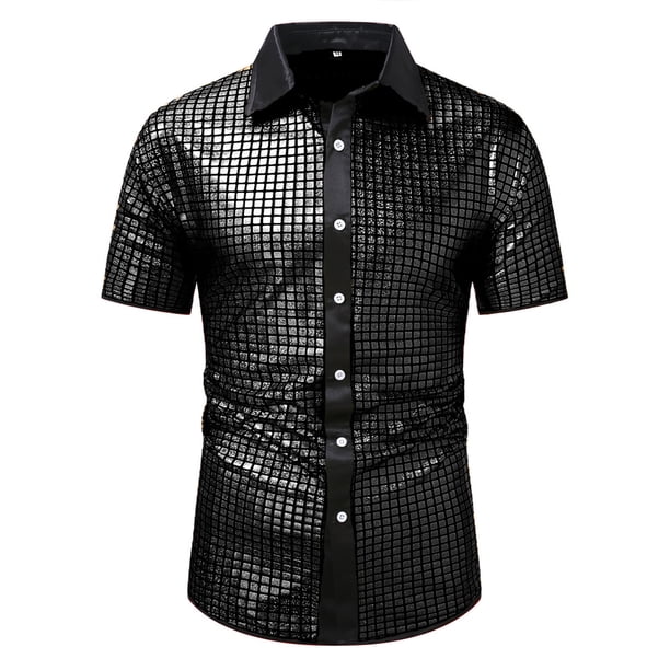 Manga Larga de Verano Tops Botón Glitter Flip Collar Manga Corta Superior de Poliéster, Camisa de Moda de Ocio de Club Nocturno para Hombres Fiesta Y Club