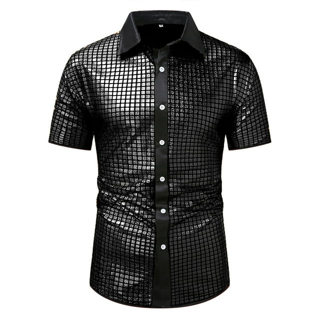 Plebaso Men's Button down Sequin Shirts Sparkly Short Sleeve Collared Shirts Fashion Tops for Club Party
