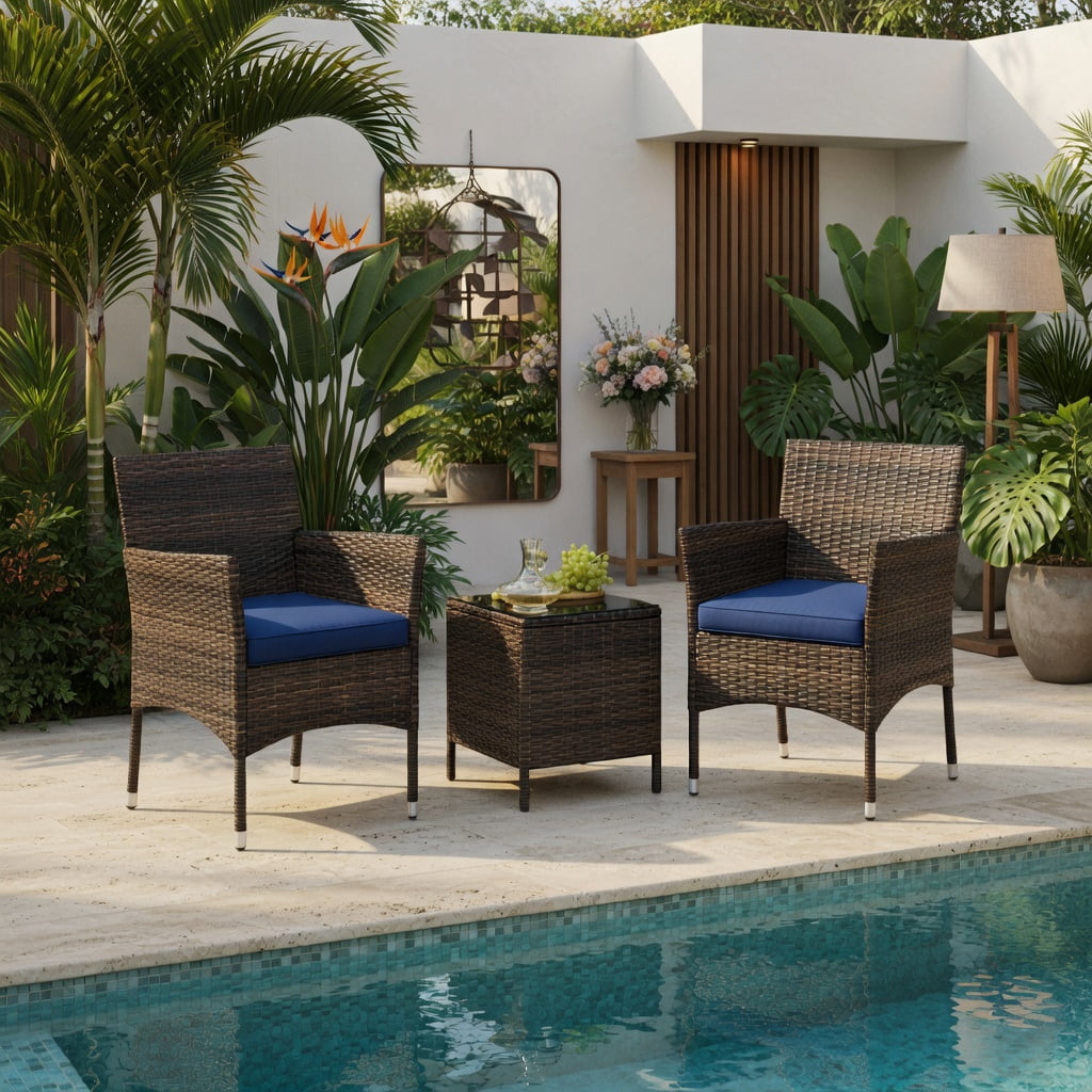 Hommoo 3-Piece Outdoor Patio Conversation Set, Cushioned Wicker Chairs + Square Tempered Glass Coffee Table, PE Rattan & Steel Frame, Navy