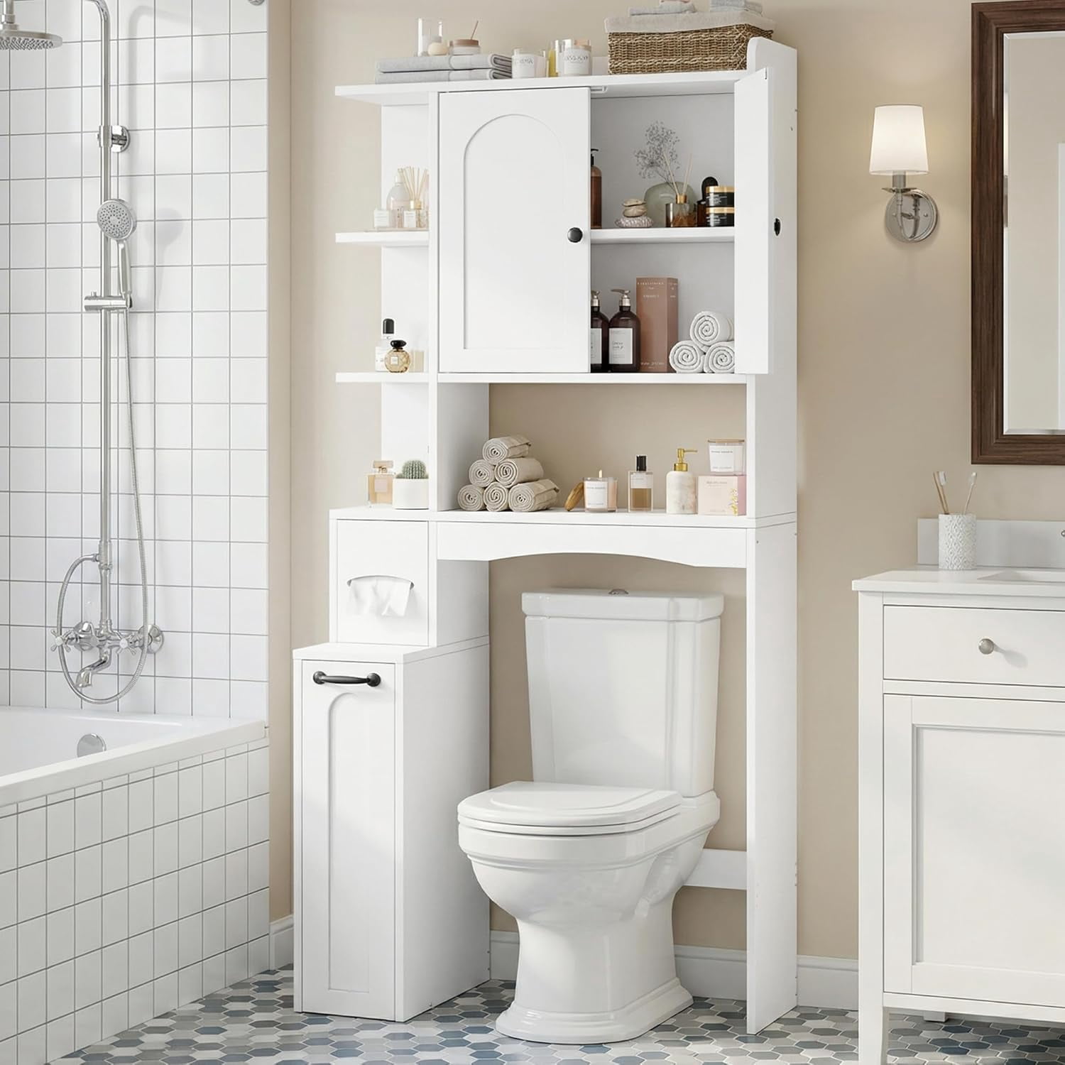 Laisnet Over the Toilet Storage Cabinet with Pulley, Toilet Paper Holder & Open Shelves, 7-Tier Wooden Bathroom Organizer