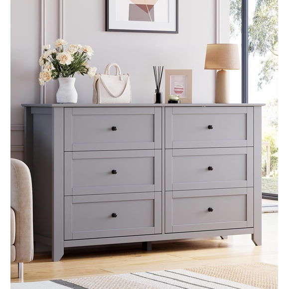 IdealHouse 6 Drawer Dresser for Bedroom, Simply Modern Wood Double Dresser with Deep Drawers, Storage for Living Room, Hallway Entryway, Grey