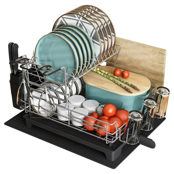 Escurridor de Trastes Acero Inoxidable para Mostrador de Cocina, Escurridor de Platos con Soporte para Copas de Vino, Estante para Cubiertos y Almohadilla de Secado Adicional