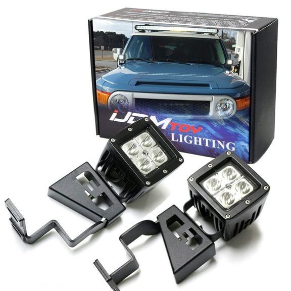 LED Front Cowl Light Kit For 2007-2014 Toyota FJ Cruiser, Includes (2) 20W High Power LED Pod Lights & Windshield A-Pillar Mounting Brackets