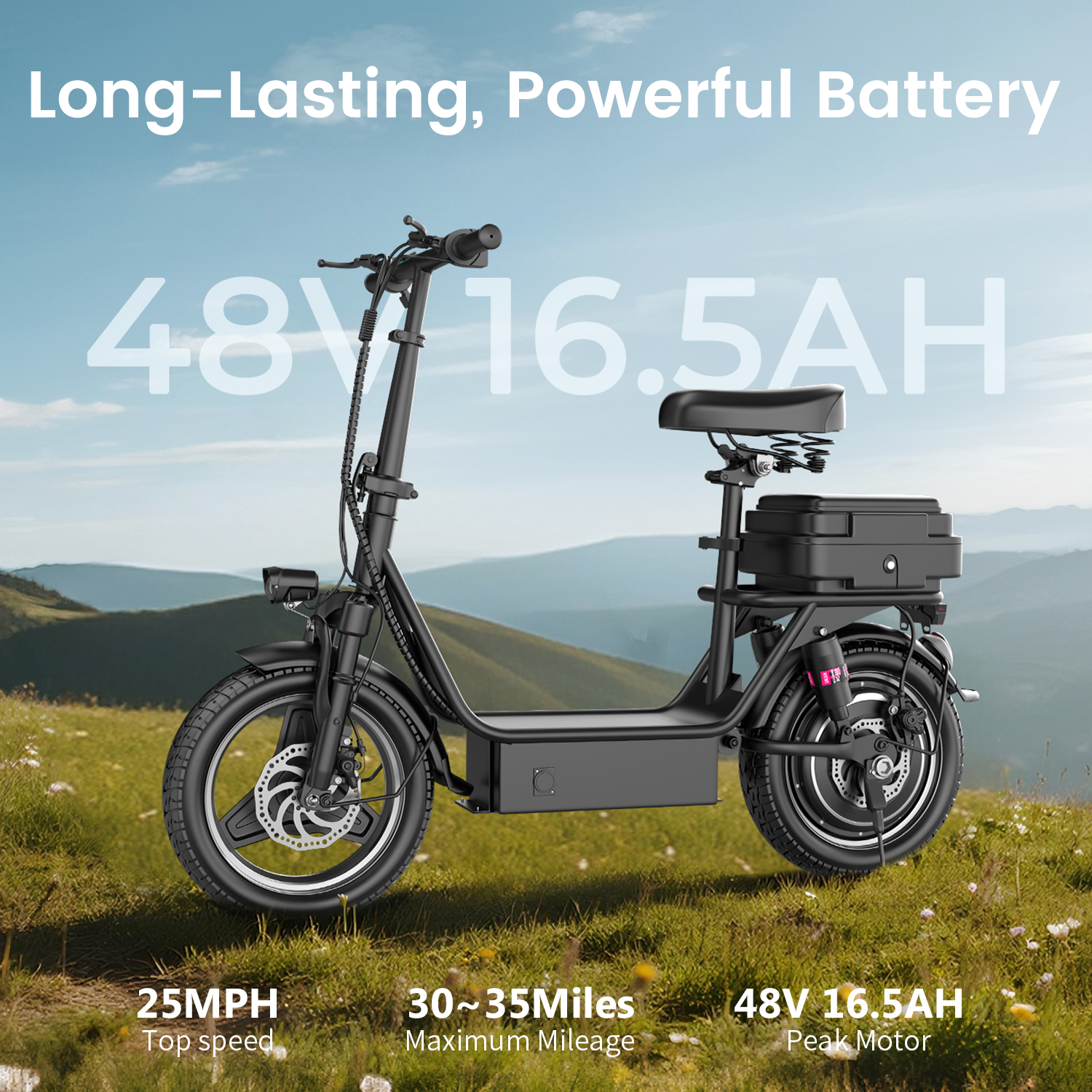 Electric Scooter with Seat, Peak 1200W, 25 MPH and 45 Miles, 14" Tire,48V 16.5AH 500Wh Battery Dual Shock Absorbing Scooter with Basket Box,E Scooter for Adults Commuter & Urban Travel
