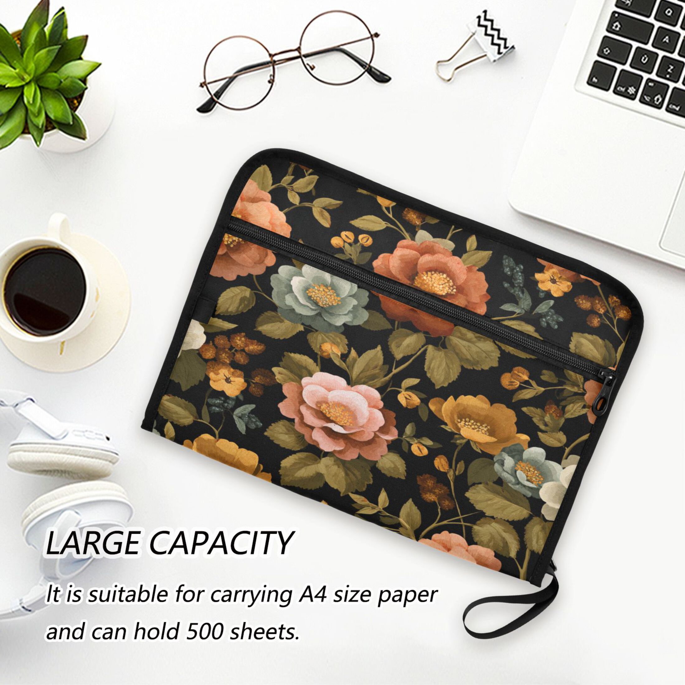 Accordion File Organizer with Zip Closure 13 Pockets Expanding File Folder Letter A4 Paper Document Organizer for Home Office Vintage-inspired Floral Pattern