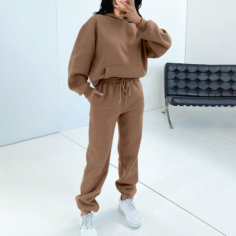 YYDGH Women's 2023 Fall Two Piece Outfit Long Sleeve Oversized Cropped  Hoodie Long Pants Tracksuit Sweatsuits Jogger Set Khaki XXL 