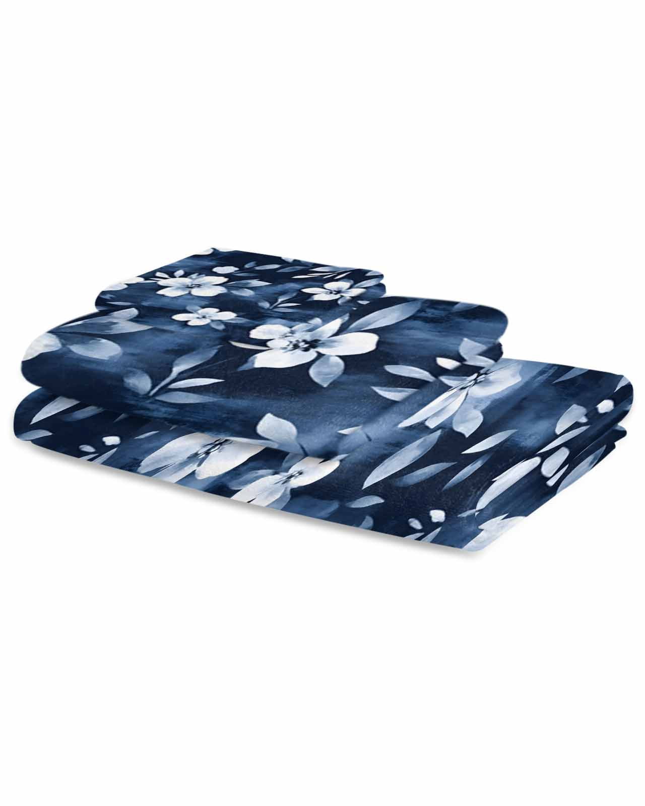 Navy Blue Spring Floral Towel Set of 3, Soft Microfiber Bath Towels, Hand Towel, Washcloths, Summer Flowers Watercolor Botanical Quick-Dry Absorbent Towels for Bathroom Kitchen Hotel Beach Gym Spa