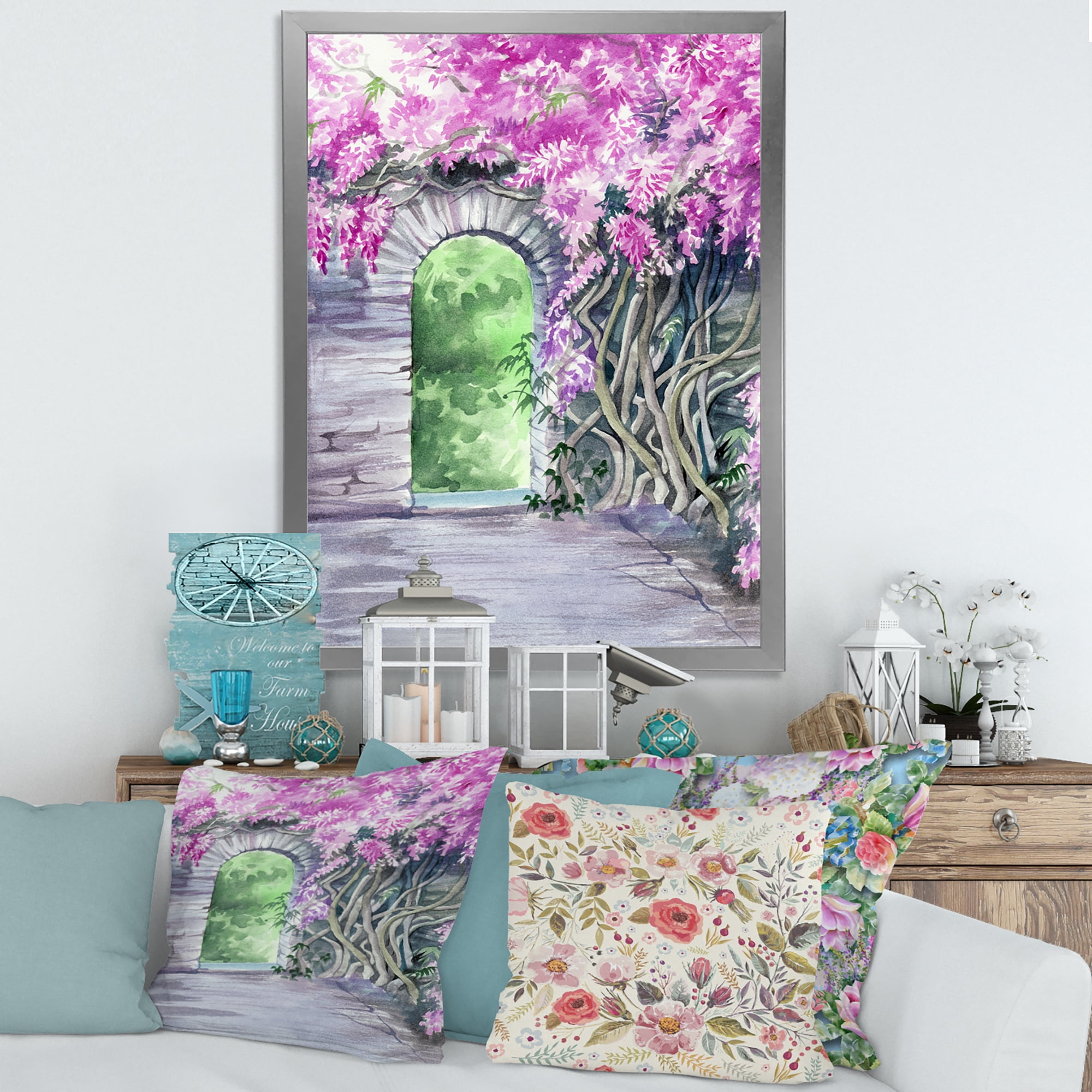 Designart 'Blossoming Purple Wisteria Garden Over The Wall' Traditional Framed Art Print