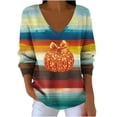 thumbnail image 2 of Uootdi Halloween Long Sleeve Sweatshirts for Women V Neck Sequin Pumpkin Print Casual Striped Fabric Halloween Gift T-Shirt, 2 of 3