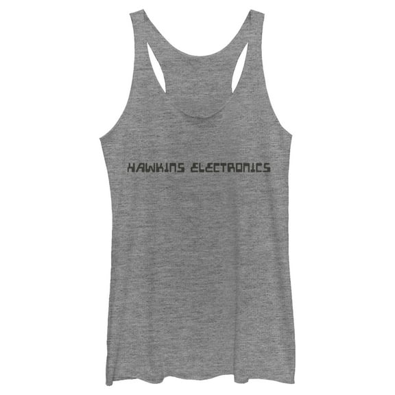 Netflix Women's Stranger Things Hawkins Electronics Logo Racerback Tank Top Gray Heather X Large
