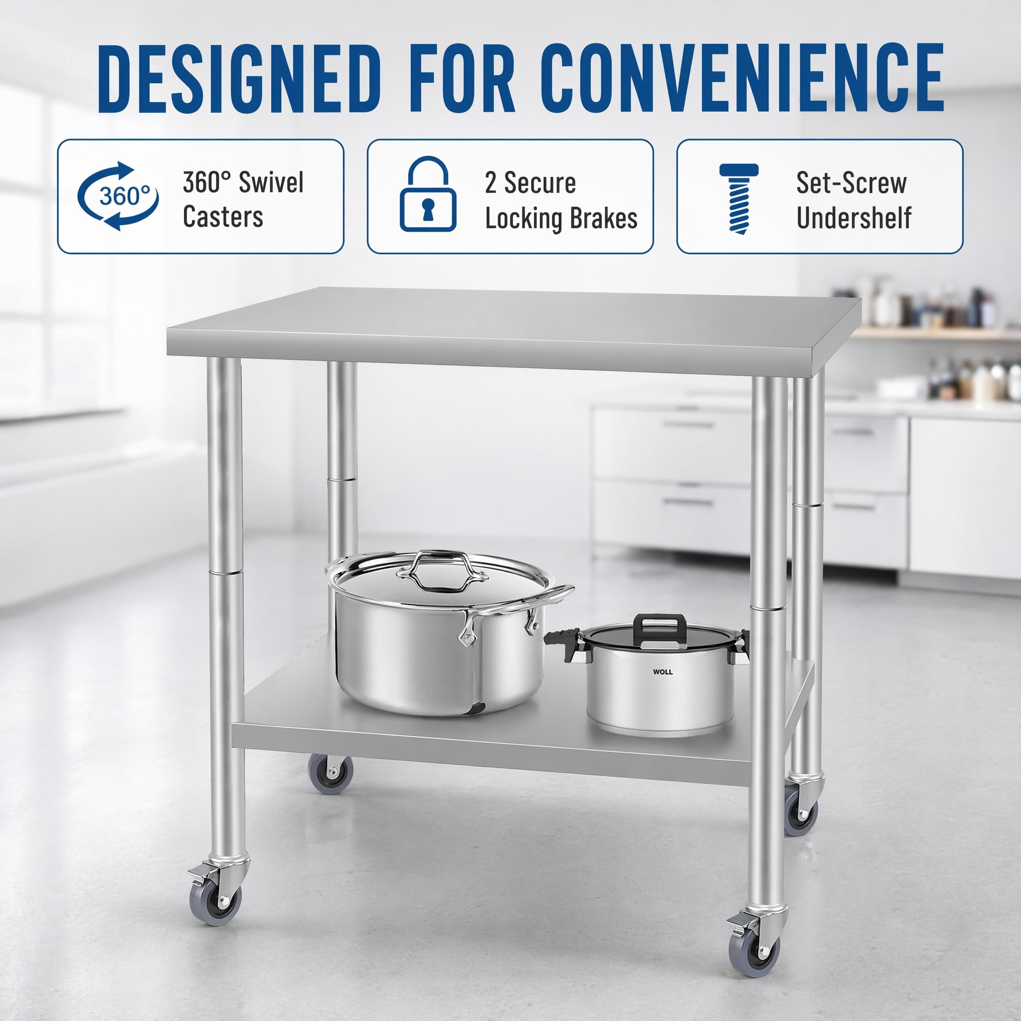 GARITIN 36 x 24 Inch Commercial Work Table with Wheels, Stainless Steel Kitchen Prep Table with Under Shelf for Restaurant & Home, Silver