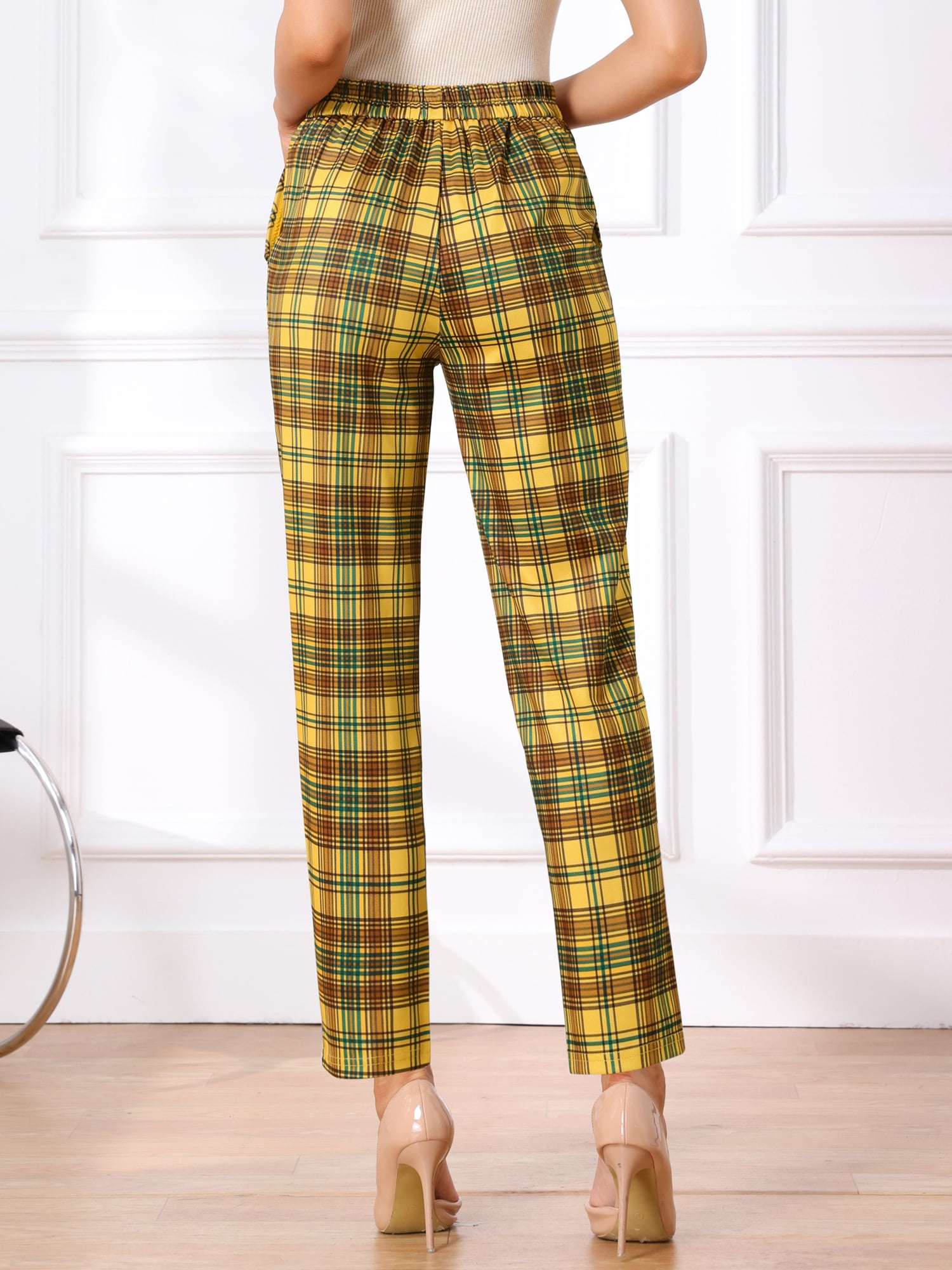 DARING DIVA Women's Tartan Plaid Pants Elastic Waist Straight Long Trousers S Yellow