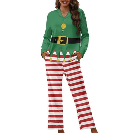 

Renewold Christmas Elf Pajamas for Women Lightweight Bedtime Button Down Sleepwear 2 PCS Casual Home Life Wear Loungewear Soft Sweatpants Sweatshirt Set Size 3XL