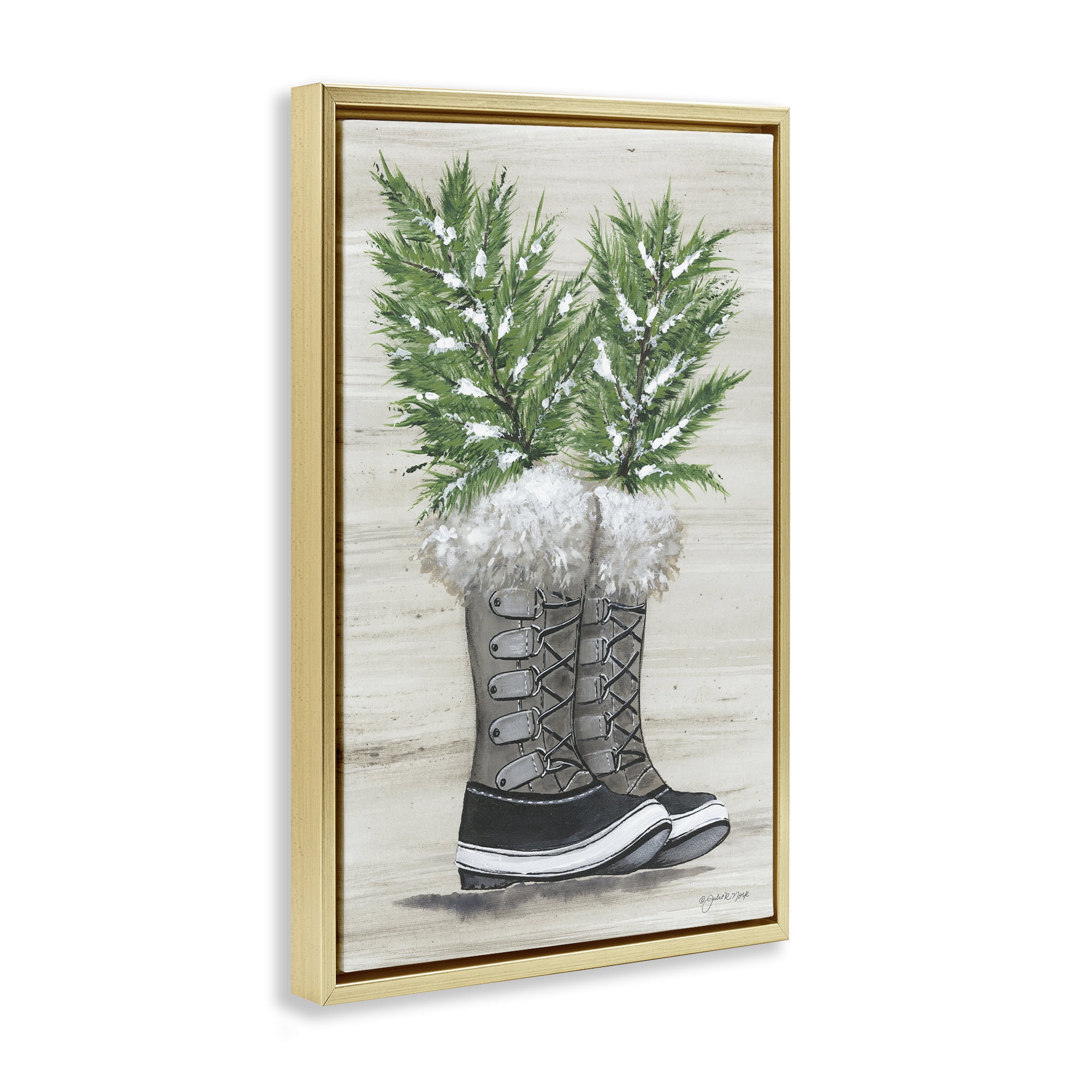 Stupell Industries Winter Sprigs in Boots Botanical & Floral Painting Gold Floater Framed Art Print Wall Art, 21 x 31