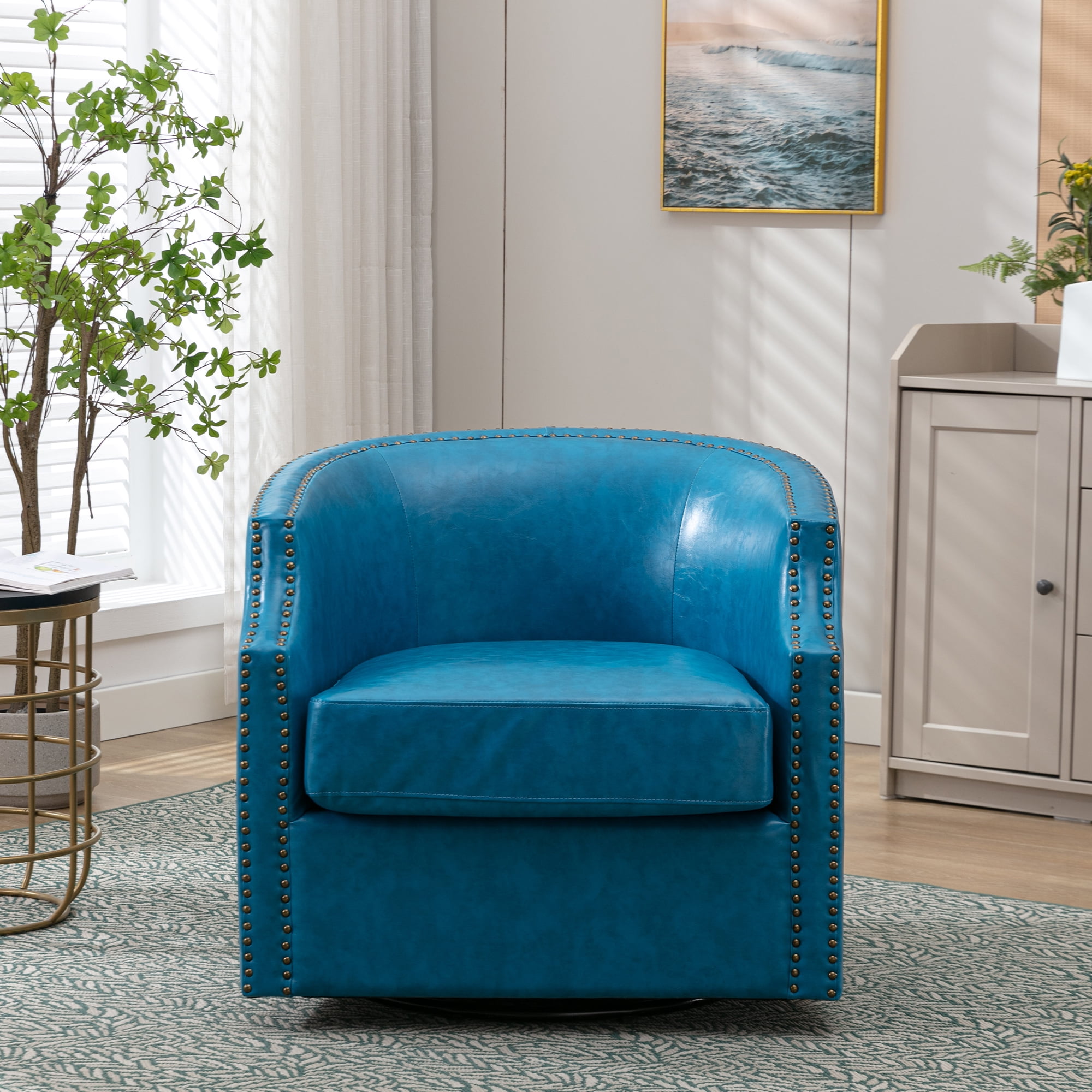 Lunale Leather Swivel Accent Barrel Chair, Club Chair Comfy Reading Armchair, Light Blue