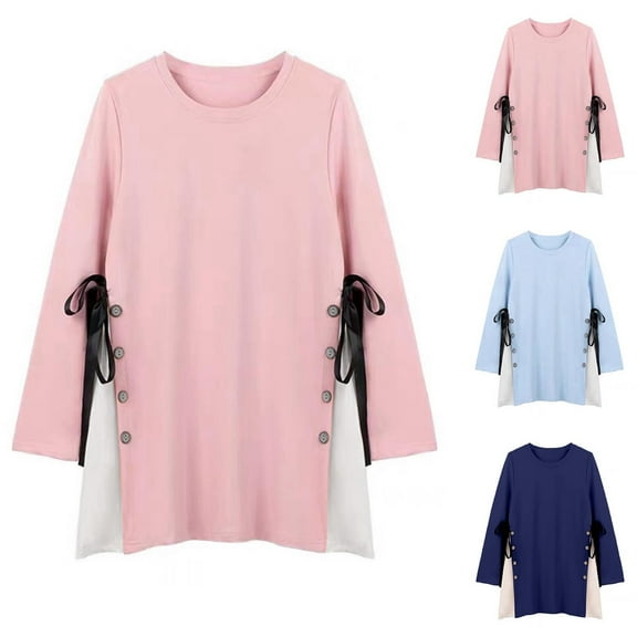 Olyvenn Women's Maternity Cotton Sweatshirts Maternity Soft Clothes Crew Neck Side Bow Button Design Shirts Pregnant Tops 2025 Blue 12-14