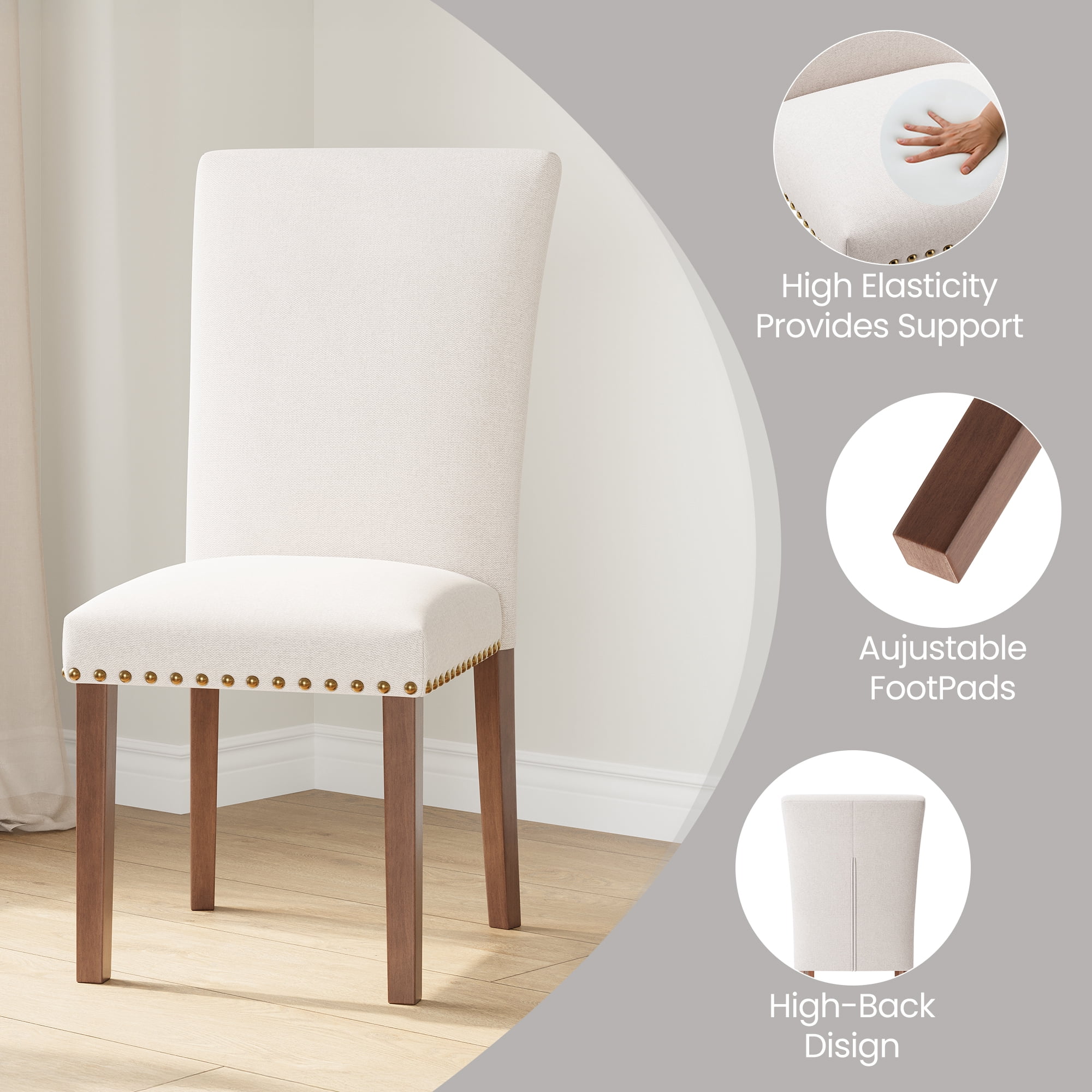 Mid-Century Fabric Dining Chairs with Nailhead Detail and Wooden Legs, Upholstered Side Chairs for Kitchen and Dining Room – Beige