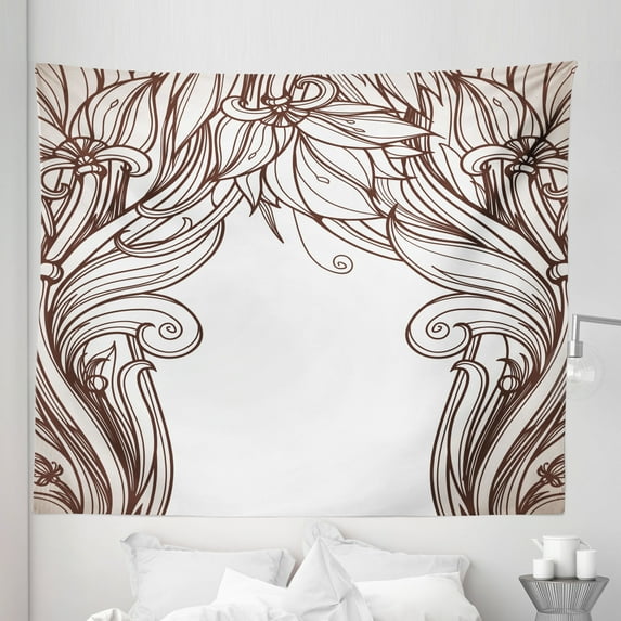 Art Nouveau Tapestry, Vintage Victorian Renaissance Curving Branches in Earth Tones Classic, Fabric Wall Hanging Decor for Bedroom Living Room Dorm, 5 Sizes, Seal Brown White, by Ambesonne