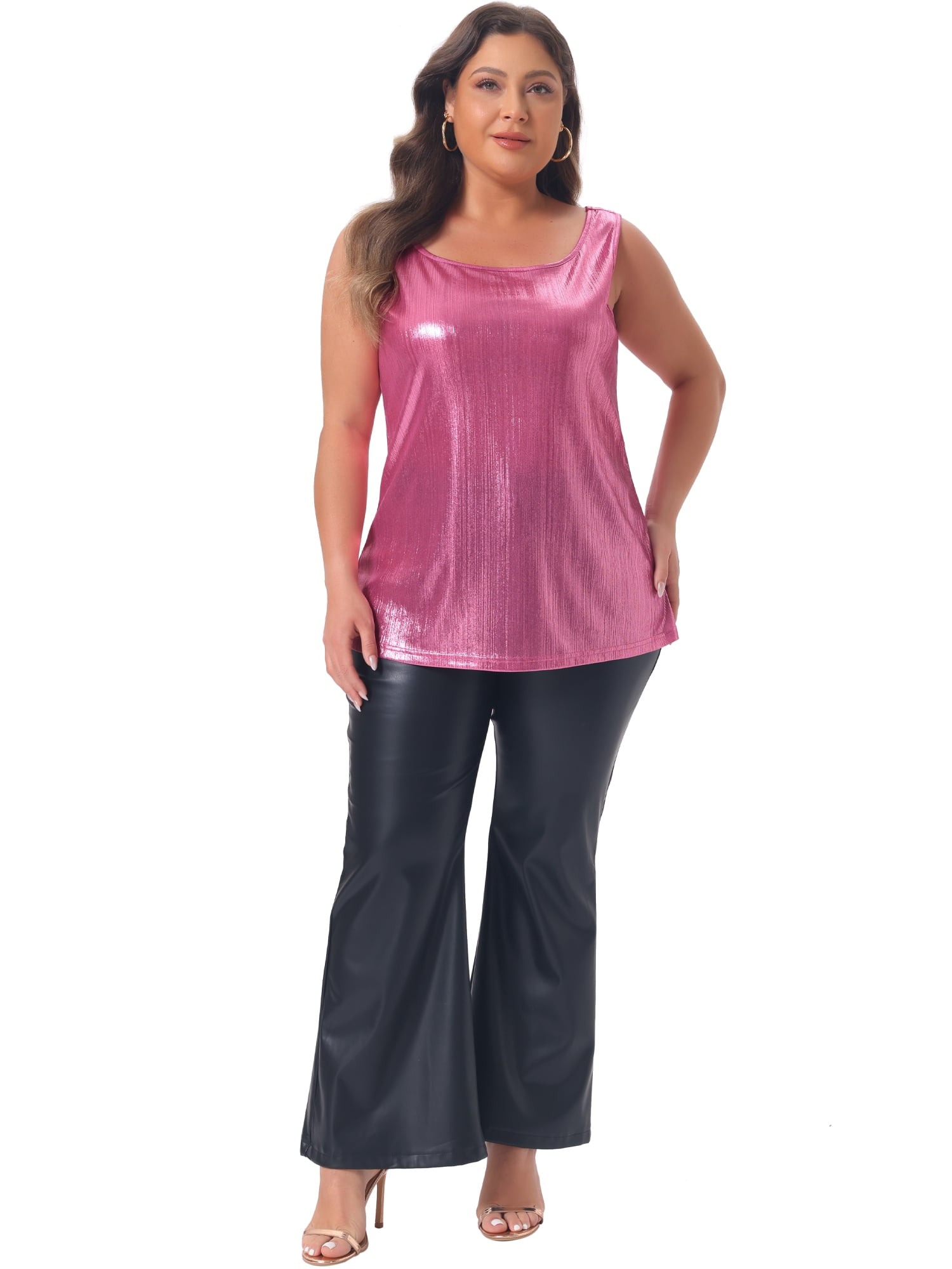 DARING DIVA Women's Plus Shiny Metallic Tank Top Sleeveless Party Blouse 2X Pink