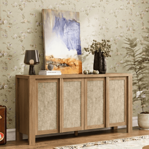 Brafabhome 63" Wide Sideboard with Solid Wood Handles, 4 Doors Buffet Cabinet with Storage Shelf for Living Room, Dining Room, Entryway | Nature