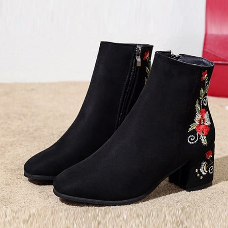 

FITORON Womens Mid Calf Boots- Boots High Heel Pointed Toe Boots Zippered Shoes Embroidered Shoes Warm Flock Boots Red 39