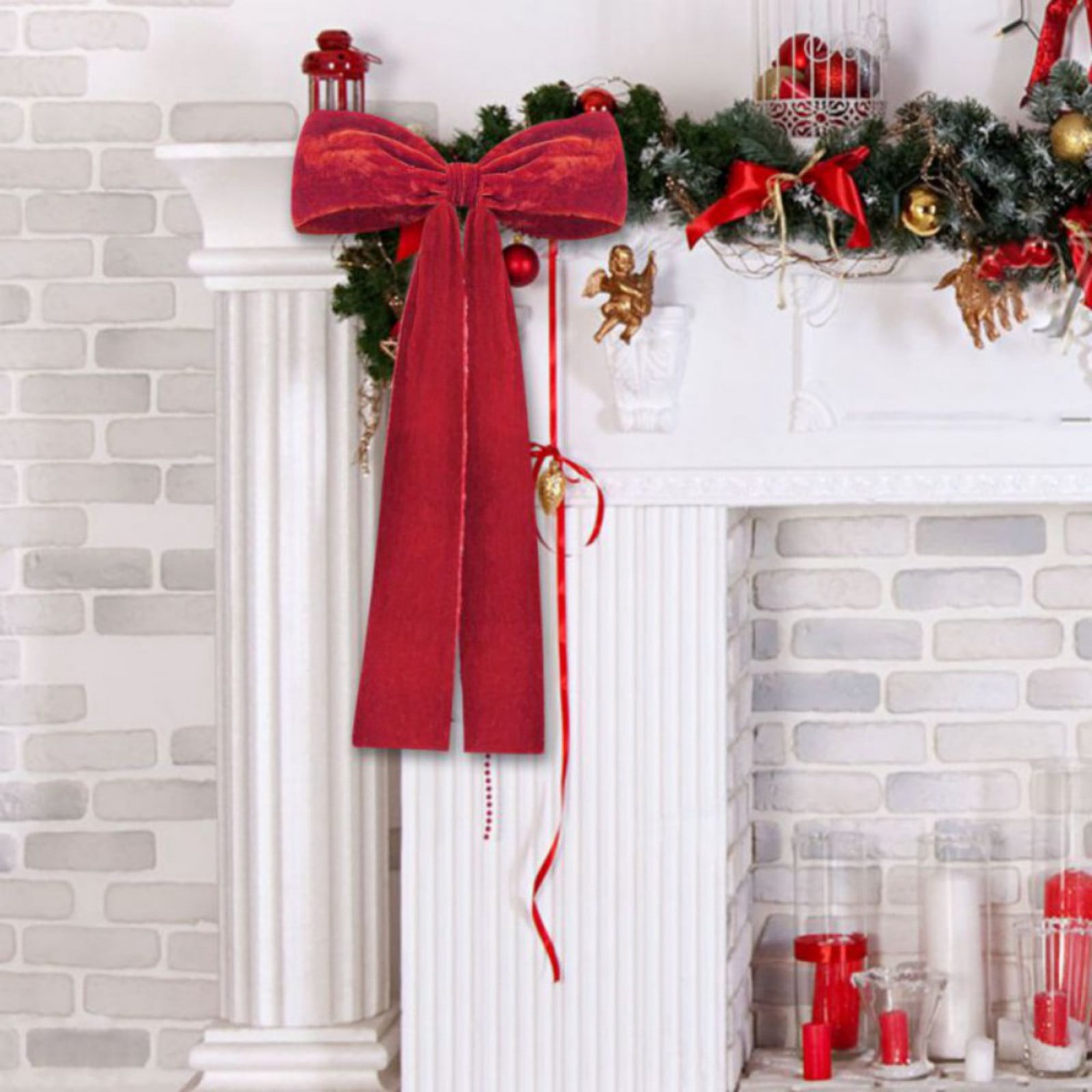 2PCS Christmas Velvet Ribbon Bows Large Fringe Holiday Tree Topper Vintage Raw Edge Bows for Christmas Tree,Stocking,Ornament,Rustic Crafts Bows for Xmas,Home Decor