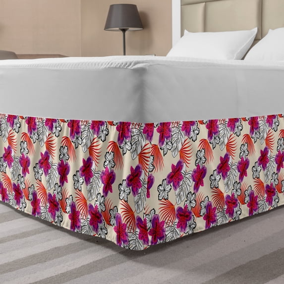 Aloha Bed Skirt, Pattern with Colored and Monochrome Flowers Paradise Island Rainforest Leaves, Elastic Bedskirt Dust Ruffle Wrap Around for Bedding Decor, 4 Sizes, Multicolor, by Ambesonne