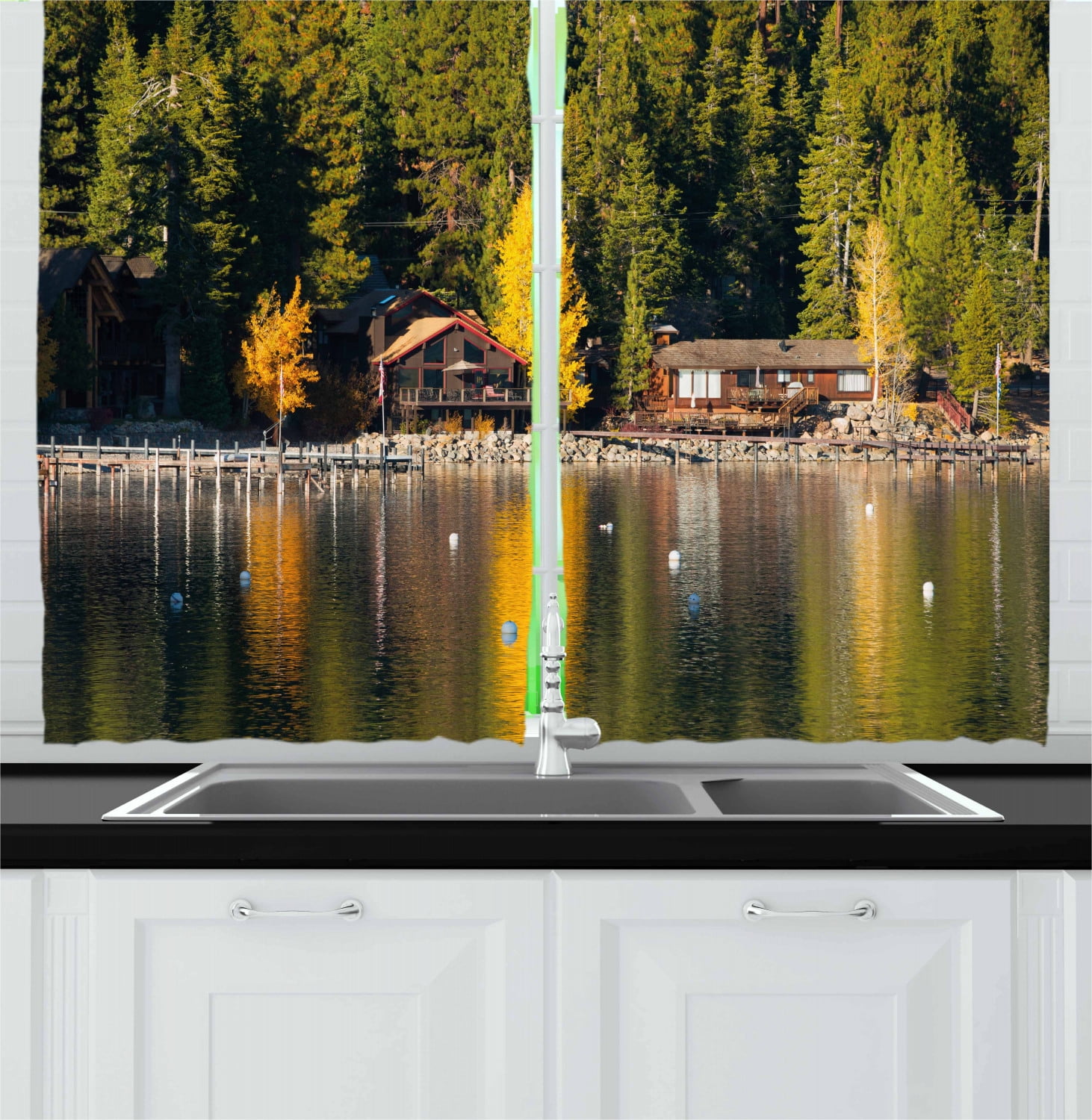 Lake Tahoe Curtains 2 Panels Set, Carnelian Bay Photography Log Cabin in the Woods Holiday Destination Lakeside, Window Drapes for Living Room Bedroom, 55W X 39L Inches, Multicolor, by Ambesonne