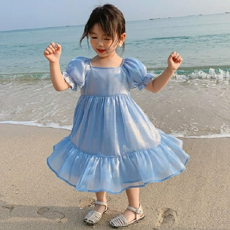 

Girls Princess Dress Summer 3-8Y Toddler Girls Pure Color Square Neck Puff Sleeve Korean Sweet Dress for Birthday Party
