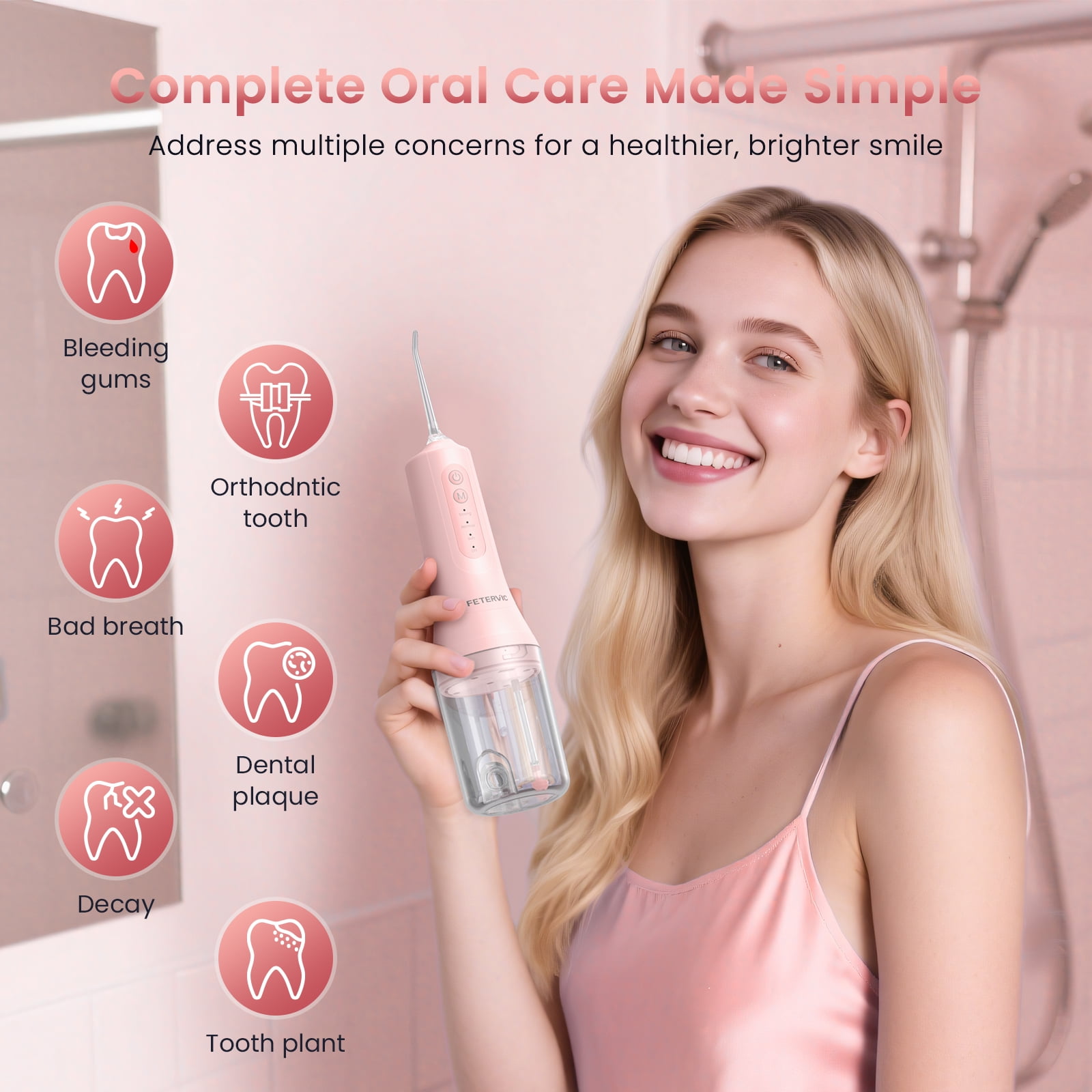 FETERVIC Water Dental Flosser for Teeth – Cordless Oral Irrigator, 8 Jet Tips, 4 Modes, 360° Nozzle, 260ML Rechargeable, IPX7 Waterproof for Home & Travel（Pink）