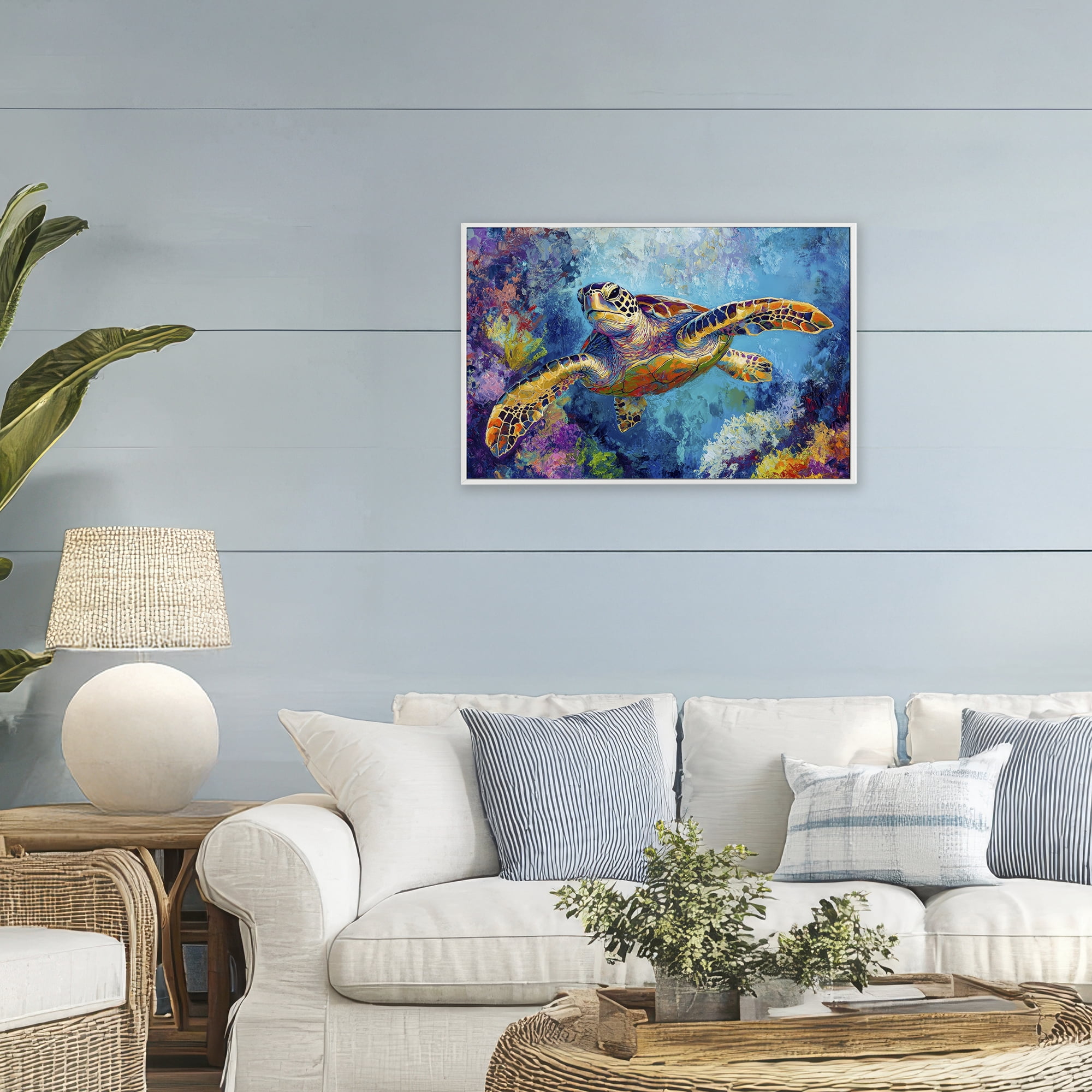 Stupell Industries Colorful Sea Turtle over Coral White Framed Giclee Art, design by Petal Prints Design